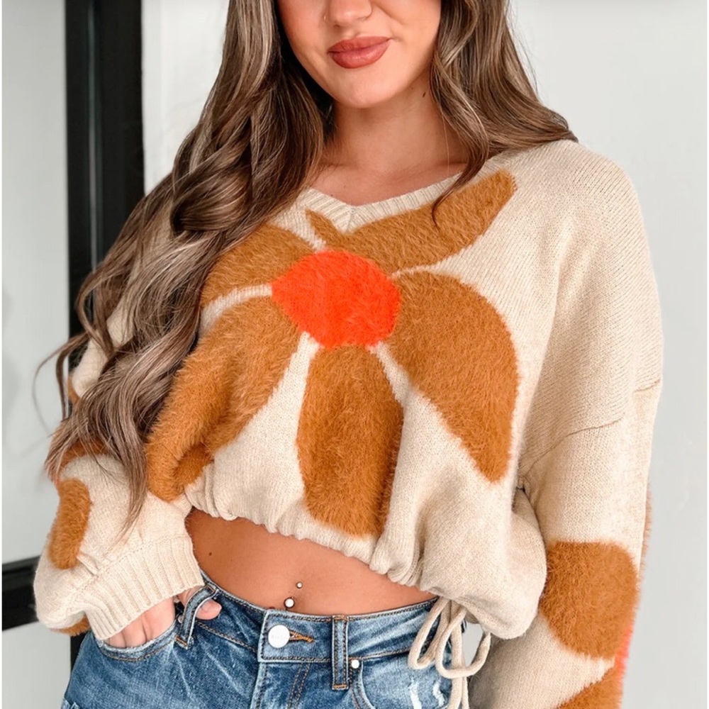 POL fuzzy flower balloon sleeve sweater.